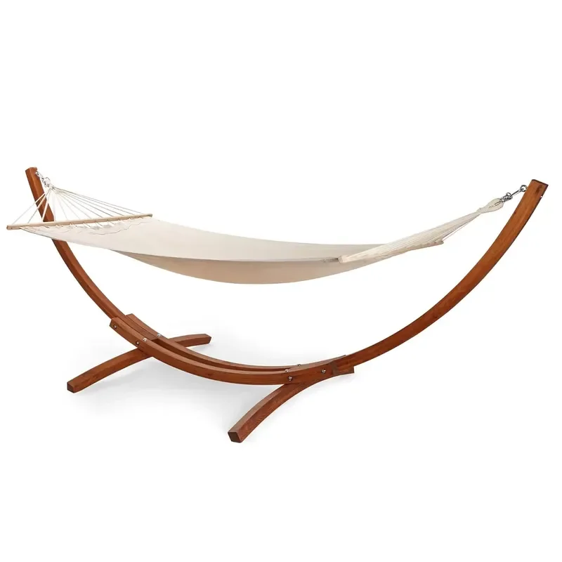 Heavy Duty Natural Larch Wood Frame Curved Hammock for One Person Outdoor Garden Freestanding Durable Hanging Bed Swing