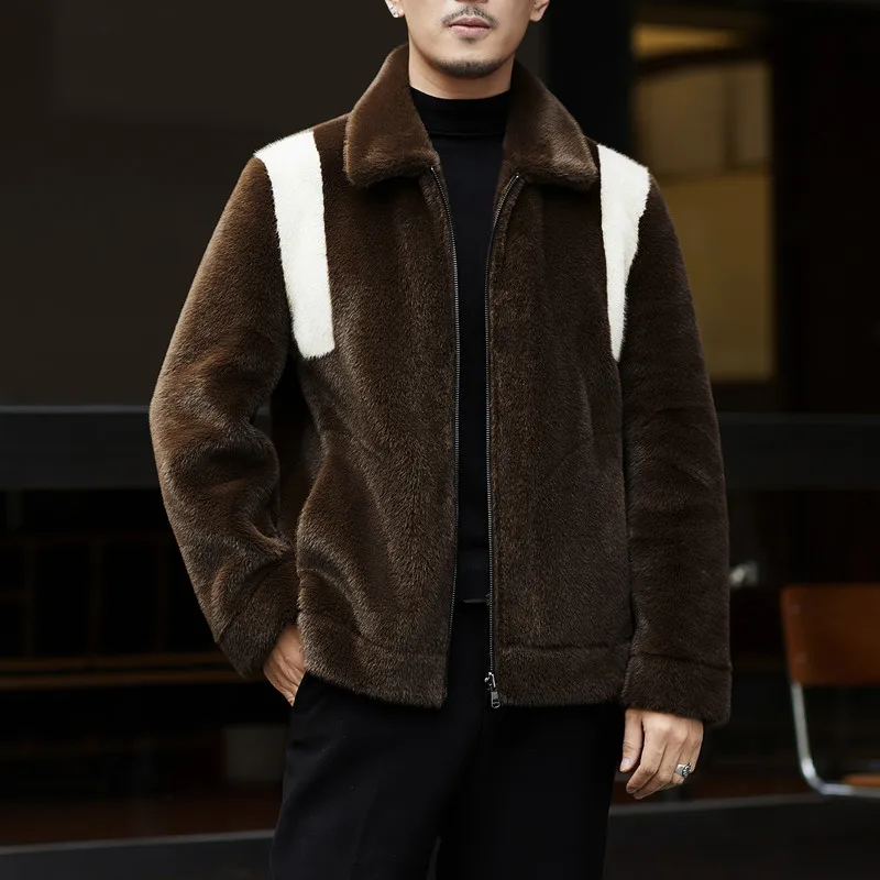 เสื้อแจ็คเก็ตขนเฟอร์เทียมแบบสั้นสำหรับฤดูหนาวใหม่ รุ่นดีลักซ์ สำหรับผู้ชาย ปกพับได้ สีดำ นุ่ม อุ่น เสื้อโค้ทขนเทียม แขนยาว
