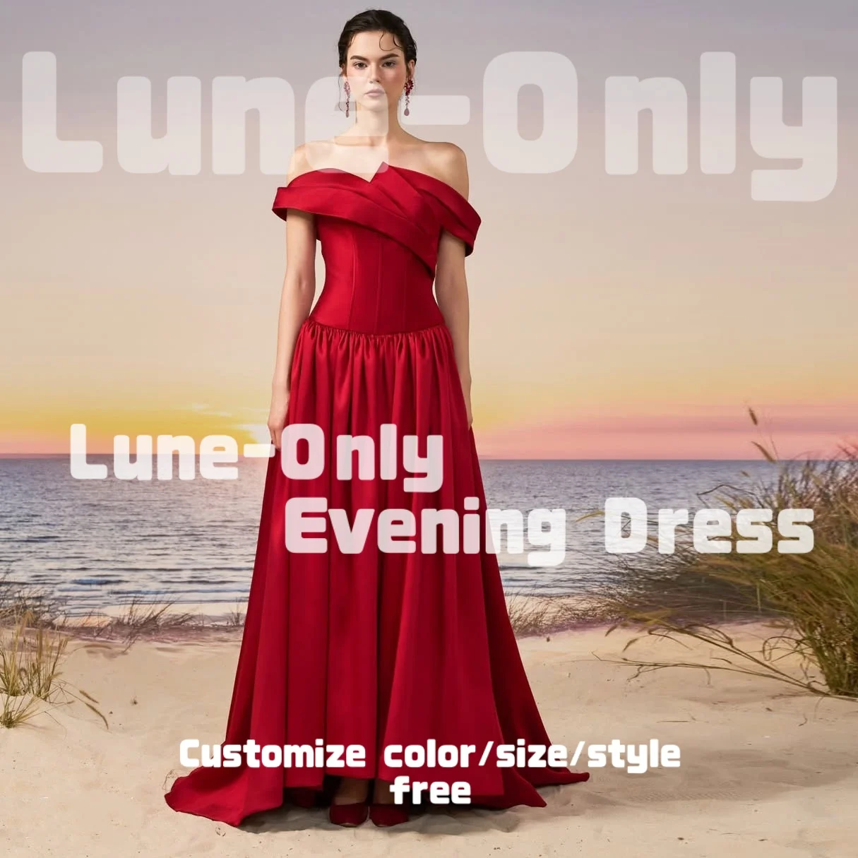 Sukienki wieczorowe damskie z satyny w kolorze czerwonym, z odkrytymi ramionami, drapowane, asymetryczne, eleganckie suknie na przyjęcie, bal, formalne okazje.