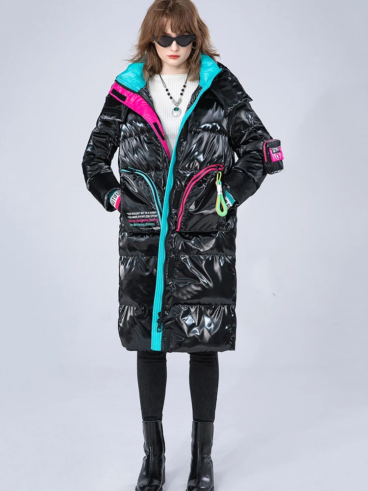 2024 New Winter Women White Duck Down Collar Down Jacket Glossy Loose Hooded Jacket Parka Winter Female Warm Down Jacket Coat