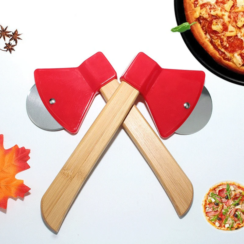 50Pcs/Lot Stainless Steel Axe Shape Bamboo Handle Pizza Cutter Creative Round Single Wheel Pizza Hob Home Kitchen Cutting Tool