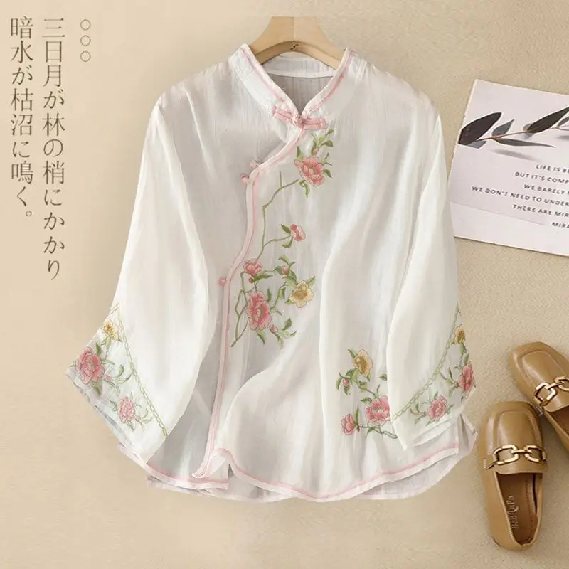 National Style Top Pure Cotton Linen Embroidered Shirt Women Ethnic Style Summer Chinese Style Oblique Placket Buttoned Shirt