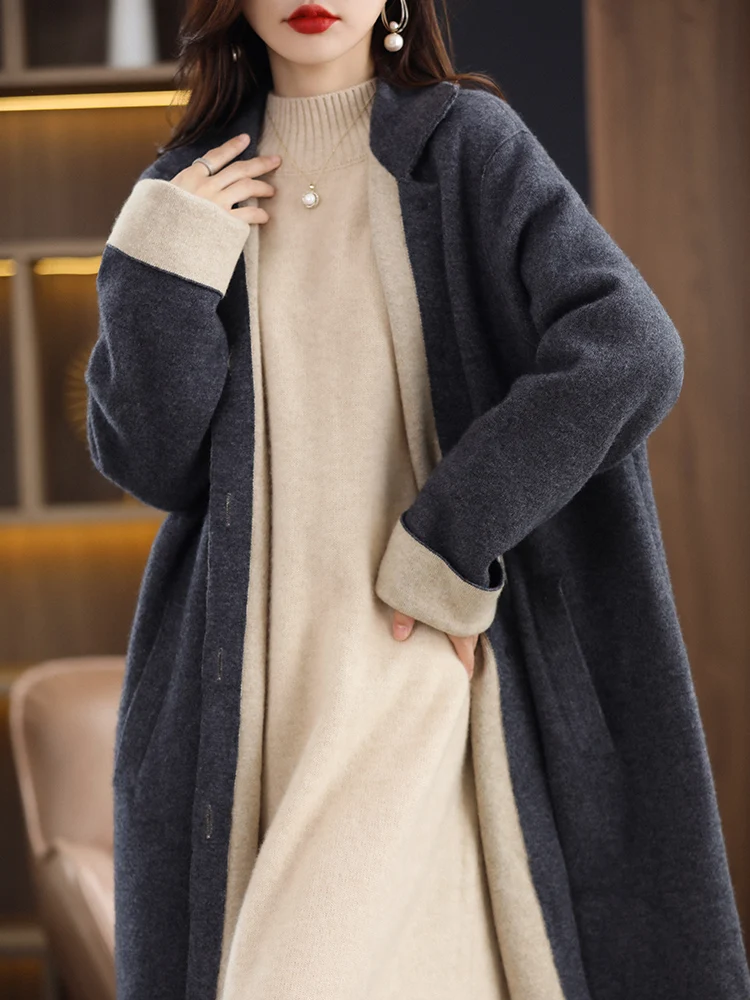 

MEETCC Luxury Women's 100% Cashmere Cardigan Sweater Turn Down Collar Autumn Winter High Quality Overcoat Pockets Outerwears