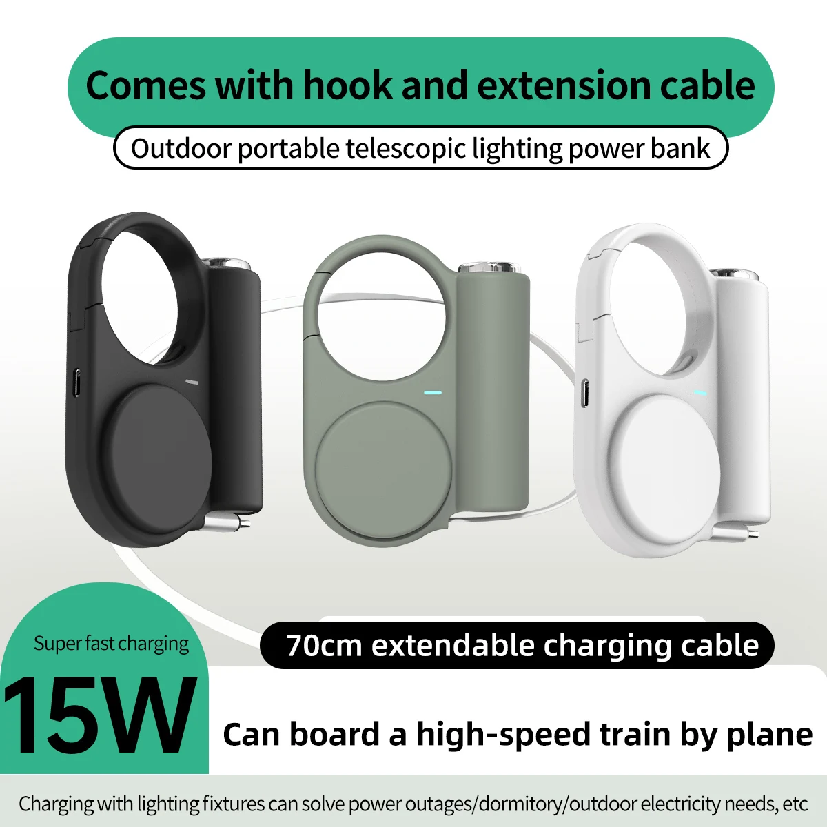 Poratable Outdoor Power Bank 15W with Extendable Cable Line Type-C+ ios for iPhone Android Phone 5000mAh Mini External Battery