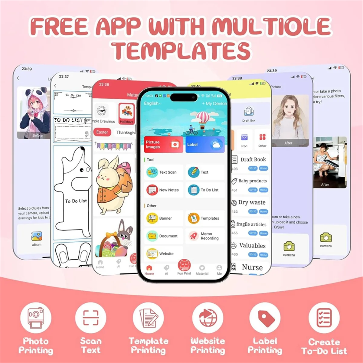 

AA98 Mini Sticker Printer RGB Light Bluetooth Pocket Inkless Thermal Printer with 10 Rolls Thermal Paper and 5 Pen Fmo A