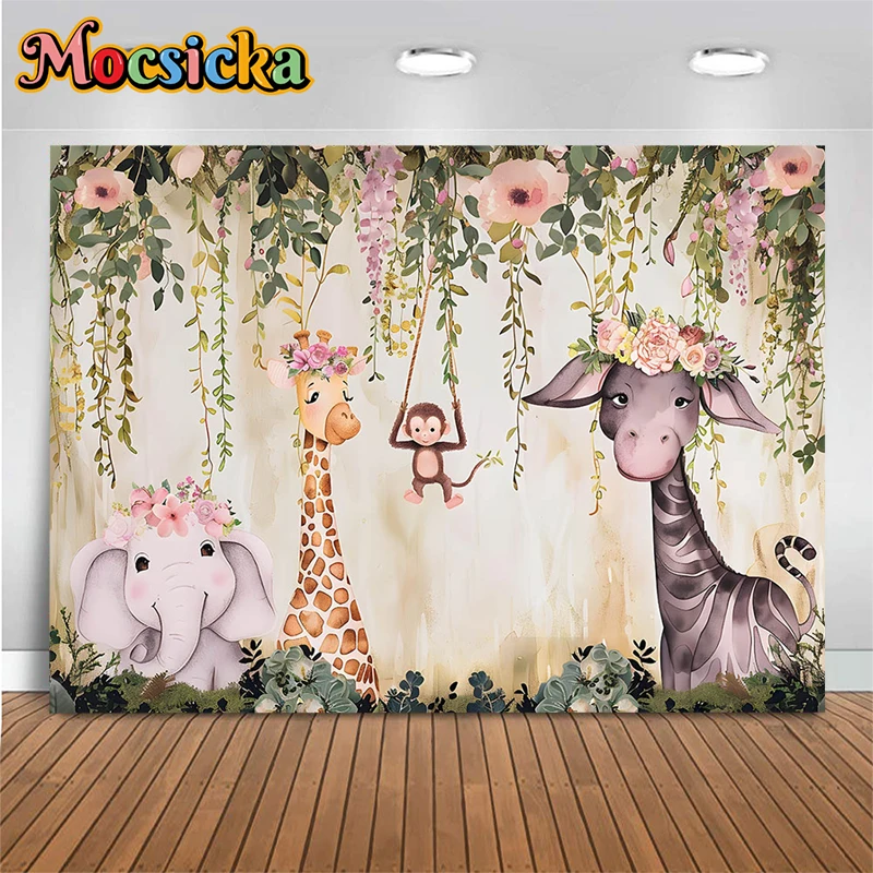 Arrière-Plan pour Photographie, Motif Singe, Girafe, Éléphant, Fleur, Animal, Décoration de 1er Anniversaire, pour Studio Photo