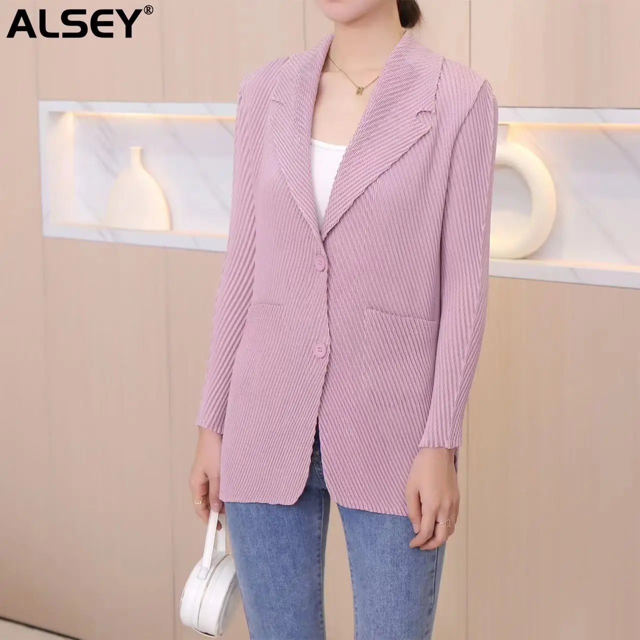 

ALSEY Miyake Pleated Fashion Solid Color Jacket for Women Spring Autumn New Simple Temperament Long-sleeved Suit Jacket