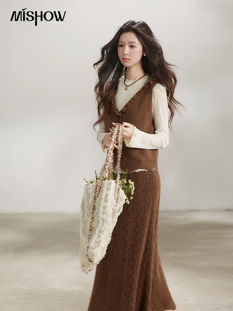 MISHOW Women's Brown Two-Piece Set 2026 Spring Knitted Vest V-Neck Cable Knit Maxi Skirt Casual Retro Warm Outfit MXF11T1460