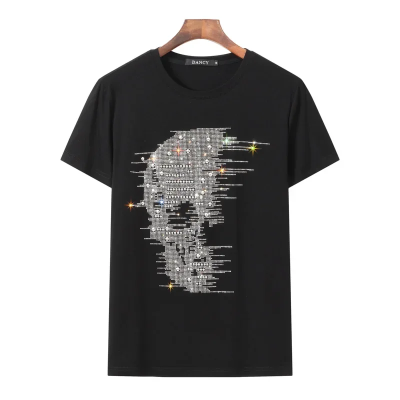 Plus Size Rhinestones Skulls T Shirts Women Clothing Fashion Streetwear O Neck Slim Ladies Short Sleeve Tshirts Chemise Femme