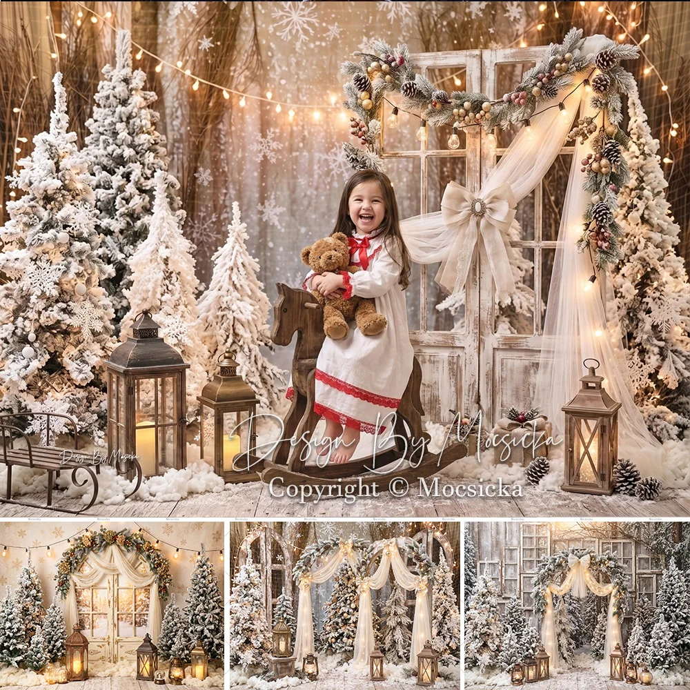 Mocsicka Backdrop Photography Christmas Window Snow Tree Lantern Garland Wonderland Background Rustic Winter Family Studio Photo