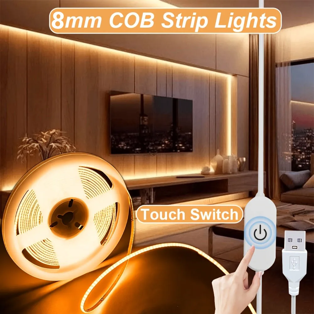 USB 5V COB LED Strips Light with Touch Sensor Dimmable Switch Flexible Lamp Tape DIY Mirror TV Backlight Home Linear Lightings