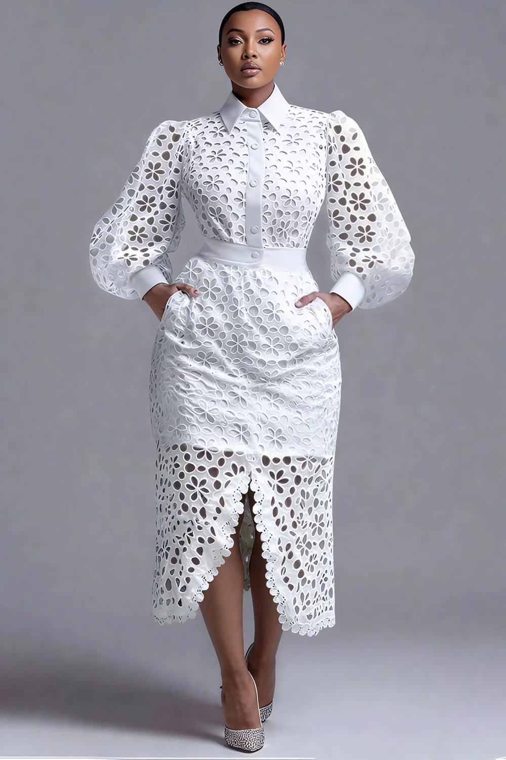 Plus Size Business Casual White Shirt Collar Lantern Sleeve Long Sleeve Split Elegant See Through Lace Two Piece Skirt Sets
