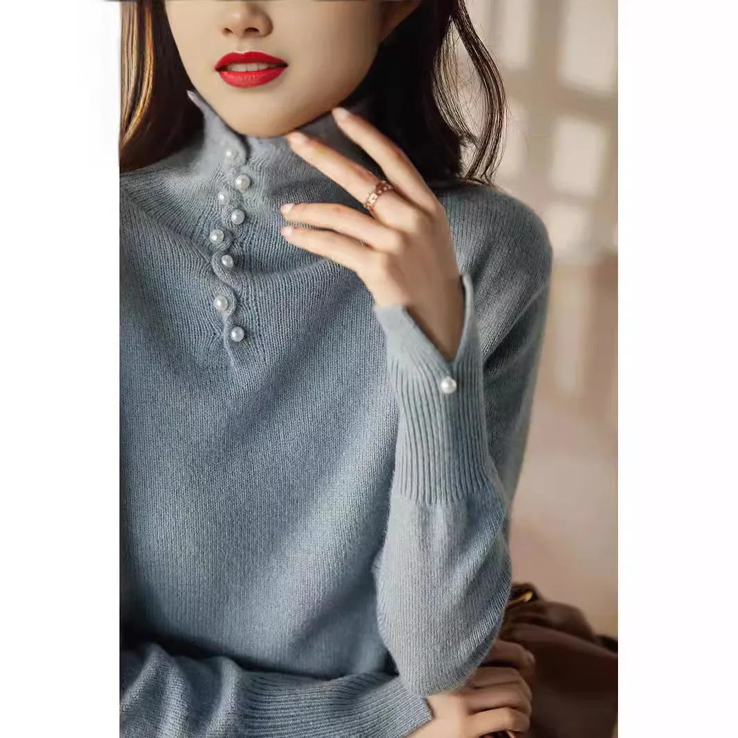 Gola alta cor sólida camisa de fundo feminino novo coreano outono e inverno de manga comprida fino macio e confortável camisola de malha