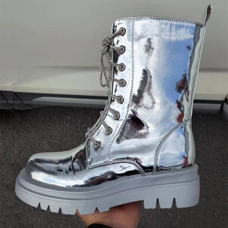 2026 Silver Belt Buckle Cross Strap Rhinestone Short Boots Casual Motorcycle Thick Sole Knight Boot Women Winter Silver Shoes