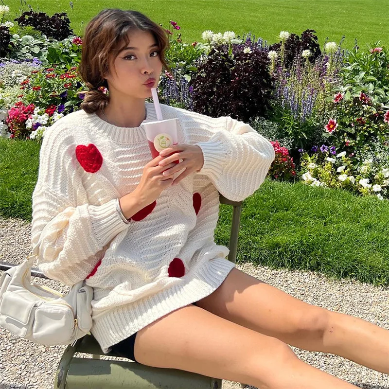 Herz gestrickt Pullover Frauen Mode lose lange Pullover Straße lässig Herbst niedlichen Pullover Frau Kleidung High Street Pullover