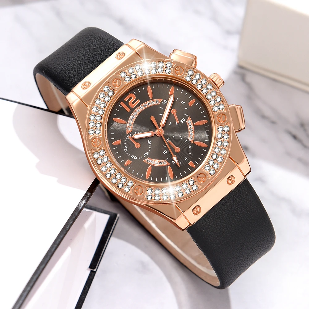 Black Women Watch 6PCS/Set Cute Heart Shaped Quartz Wristwatch Elegant Water Diamond Simulated Watch Jewelry Set Gift For Mom 