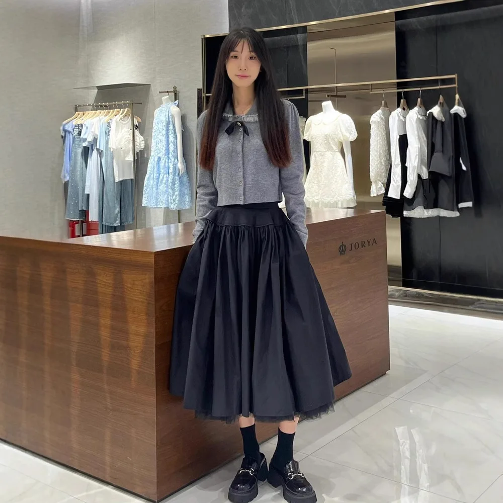 Elegant Princess Style Double Layered Tulle High Waist Pleated Umbrella Shape Half Skirt by MaSande for Autumn Season