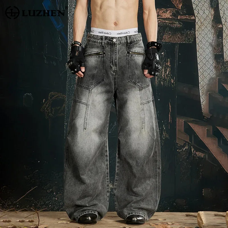 LUZHEN Jeans 2026 New Vintage Style Washed Baggy Straight Men Trendy Original Zipper Pockets Decorate Casual Denim Pants JY8644