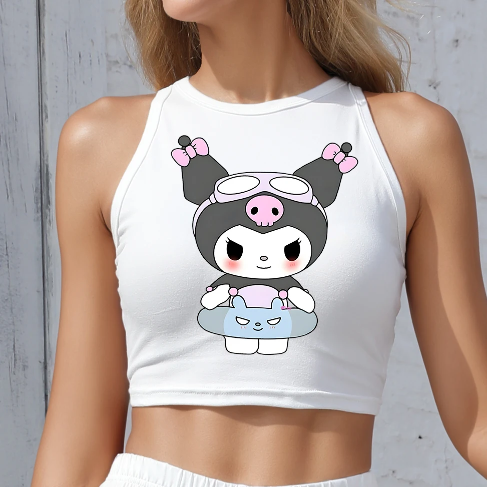 

Летний сексуальный женский жилет Sanrio Kuromi с графическим рисунком без рукавов Y2K, уличная одежда, укороченный топ с открытыми плечами, модные повседневные топы на бретелях