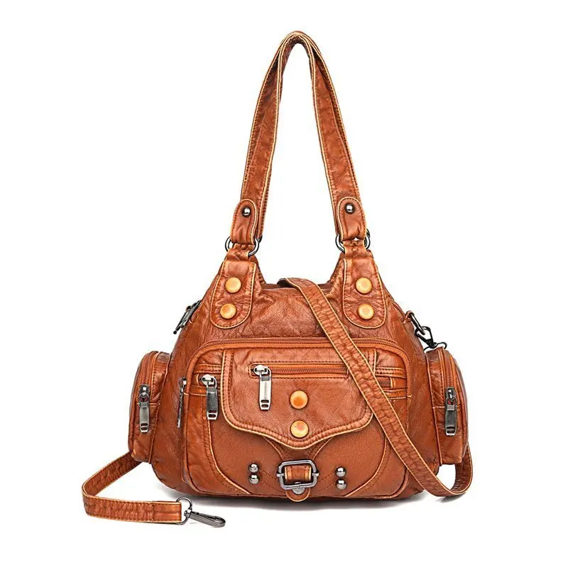 

Washed Shoulder Bag Rivet Soft Leather Large Capacity Crossbody Handbags For Women High-quality Messenger Versatile Luxury Y2k