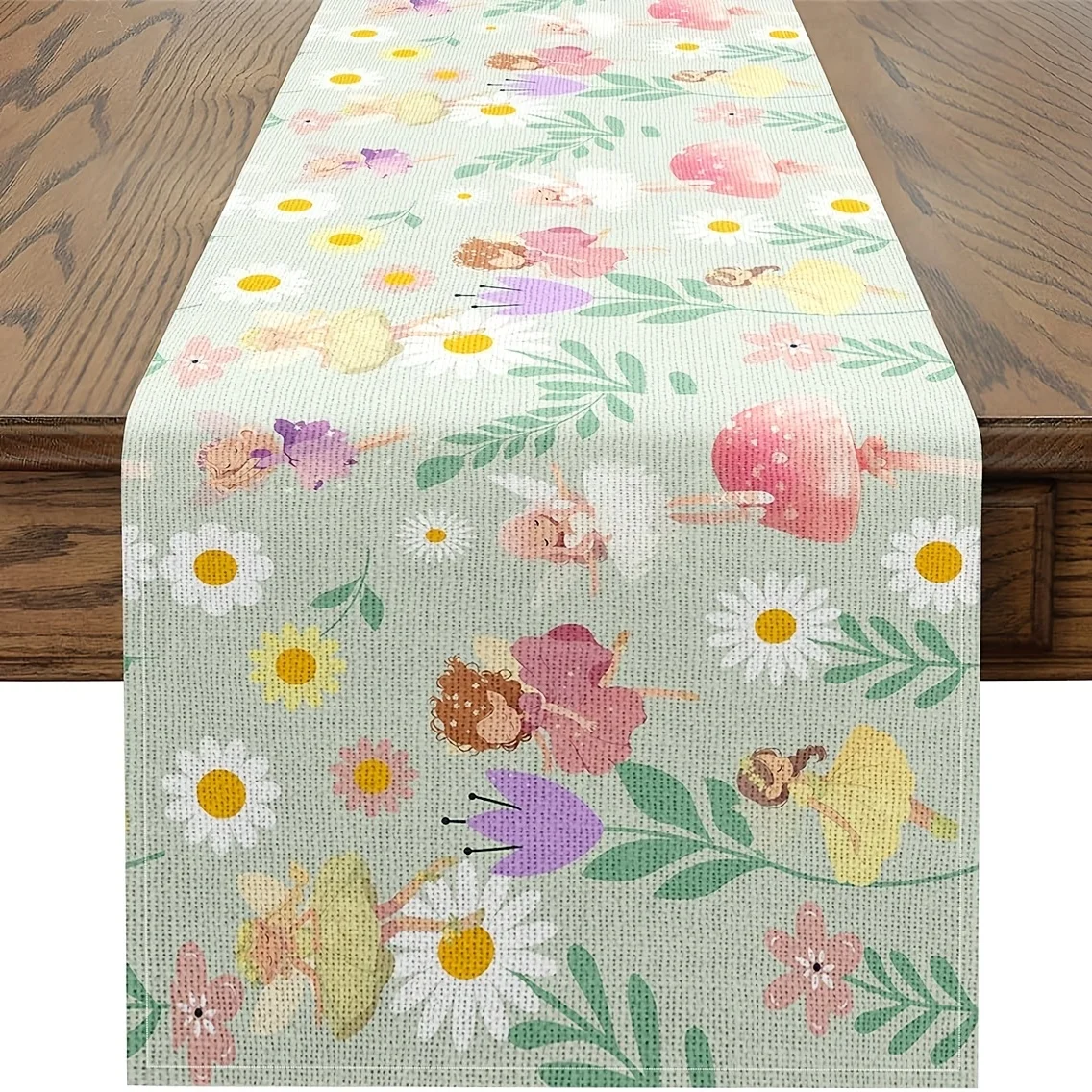1pc Whimsical Daisy & Fairy Tale Friends Table Runner  Pastel Floral And Butterfly Design Green 33x150cm 33x183cm 33x210cm