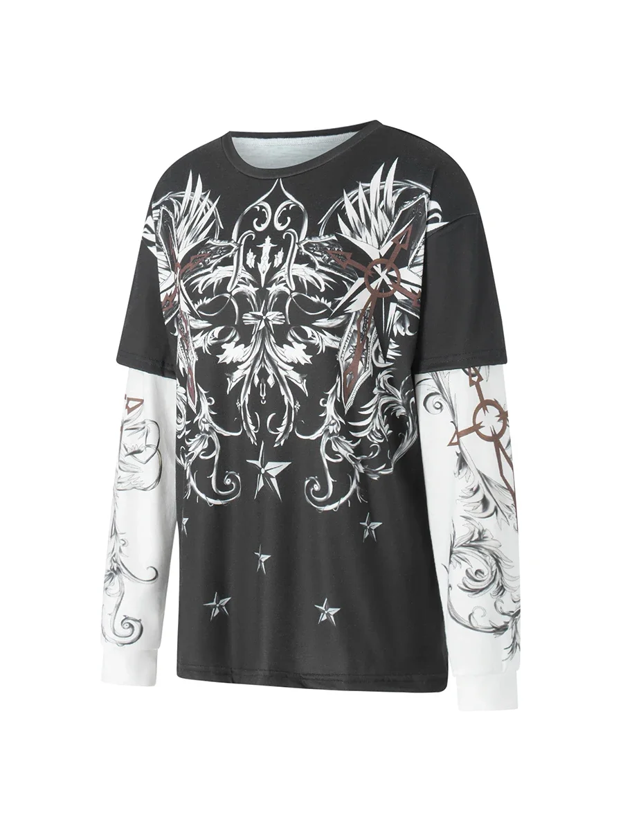 Y2k Fairy Grunge Graphic Long Sleeve Tees Tops Women E-Girls Aesthetic Gothic Skull Print Retro T Shirts E girl Emo Clothes