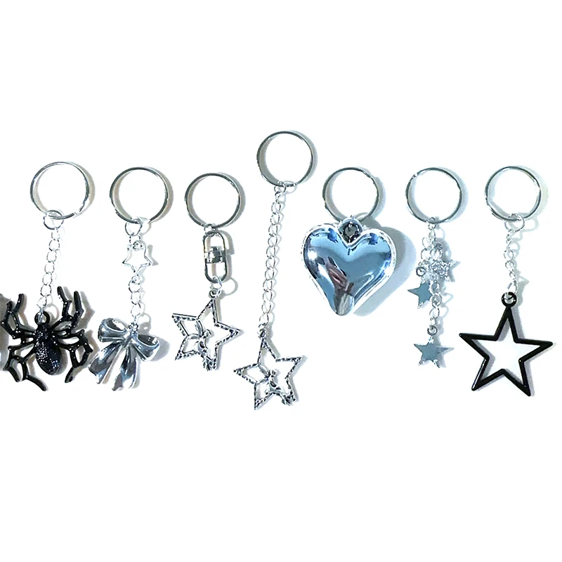 Y2K Silver Color Metal Keyring Korean Harajuku Bow Heart Star Keychain Car Key Holder Fashion Bag Pendant Purse Charm