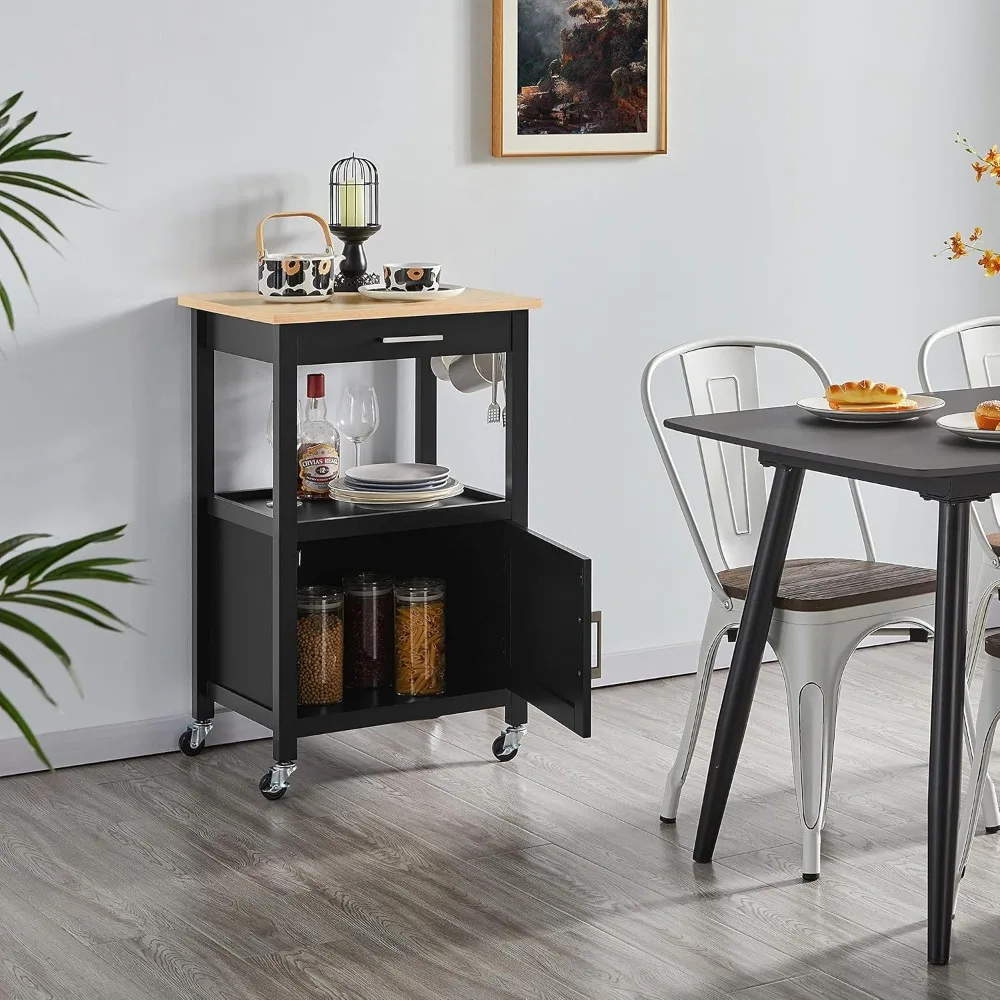 Small Kitchen Island on Wheels with Wood Top and Drawer, Trolley Cart with Open Shelf and Storage Cabinet for Dining Room, image 3