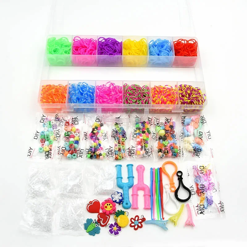 1800pcs Colorful Rubber Loom Bands Elastic DIY Set Box Girls Gift Weaving Bracelet Tool Kit Kids Toys for Children 7 8 10 Years