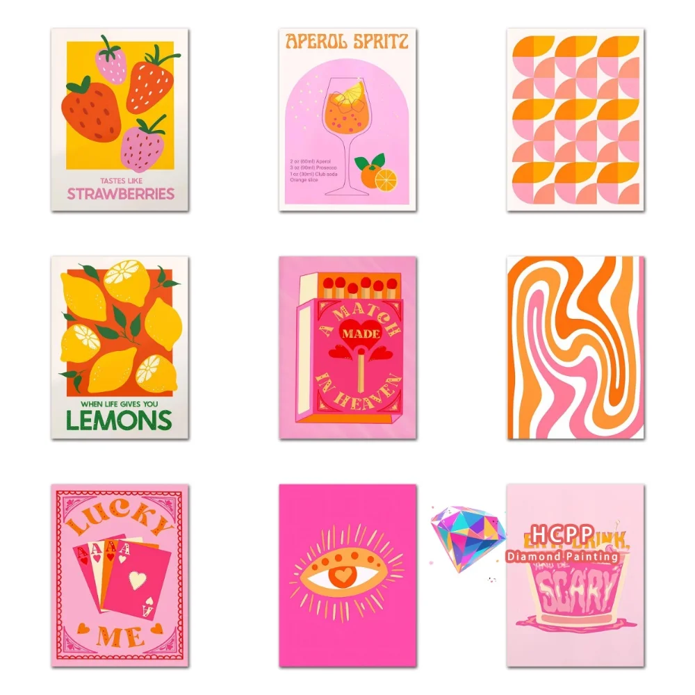 Pink Strawberry Lemon Card Cocktails Drink Diamond Drawing Kit Square Round Diamond 5D DIY Mosaic Handmade Art Gift Home Decor