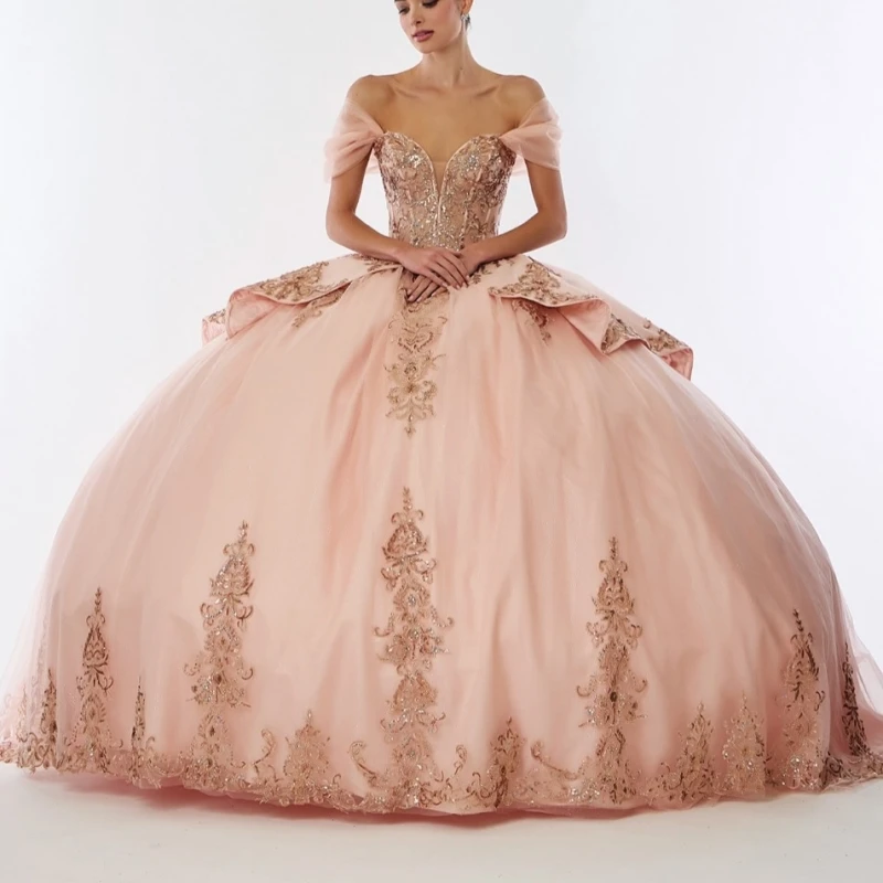 

Розовые платья Quinceanera с открытыми плечами, золотая аппликация, кружево, бисер, тюлевой корсет, вечерние, день рождения, милое платье 16, Vestidos 15 De