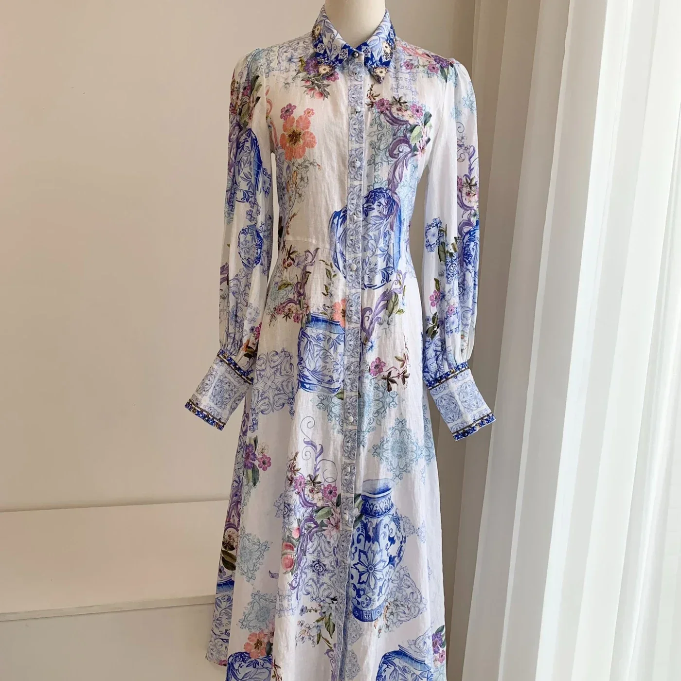 2024 New Blue and White Porcelain Floral Print Long Sleeve High Quality Midi Dress for Women