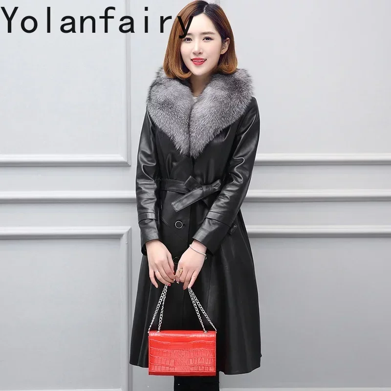 Mantel kulit asli 100% wanita, jaket kulit domba mewah dengan kerah bulu, pakaian Vintage elegan musim semi 2024 musim gugur