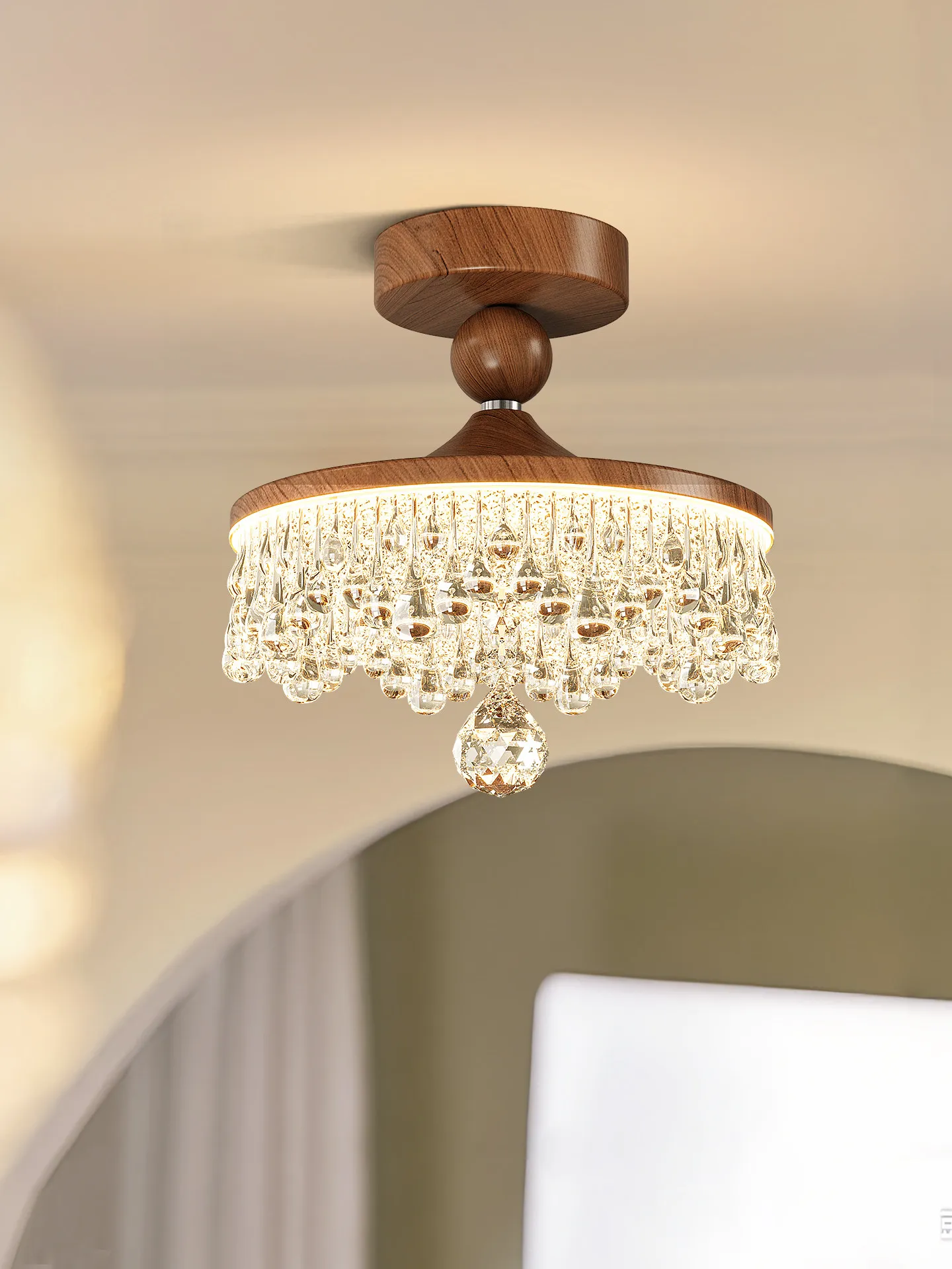 Mid Century Walnut LED Ceiling Lamp Water Drop French Vintage Flush Mount Light For Corridor Aisle Entryway Hallway Home Decor