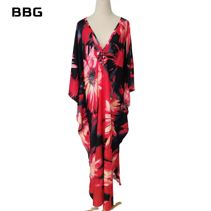 2022 Zomer Strand Kleding Voor Vrouwen Casual Marokkaanse Etnische Sexy Kaftan Jurk Batwing Mouw Loungewear Tuniek Badpak Cover Up