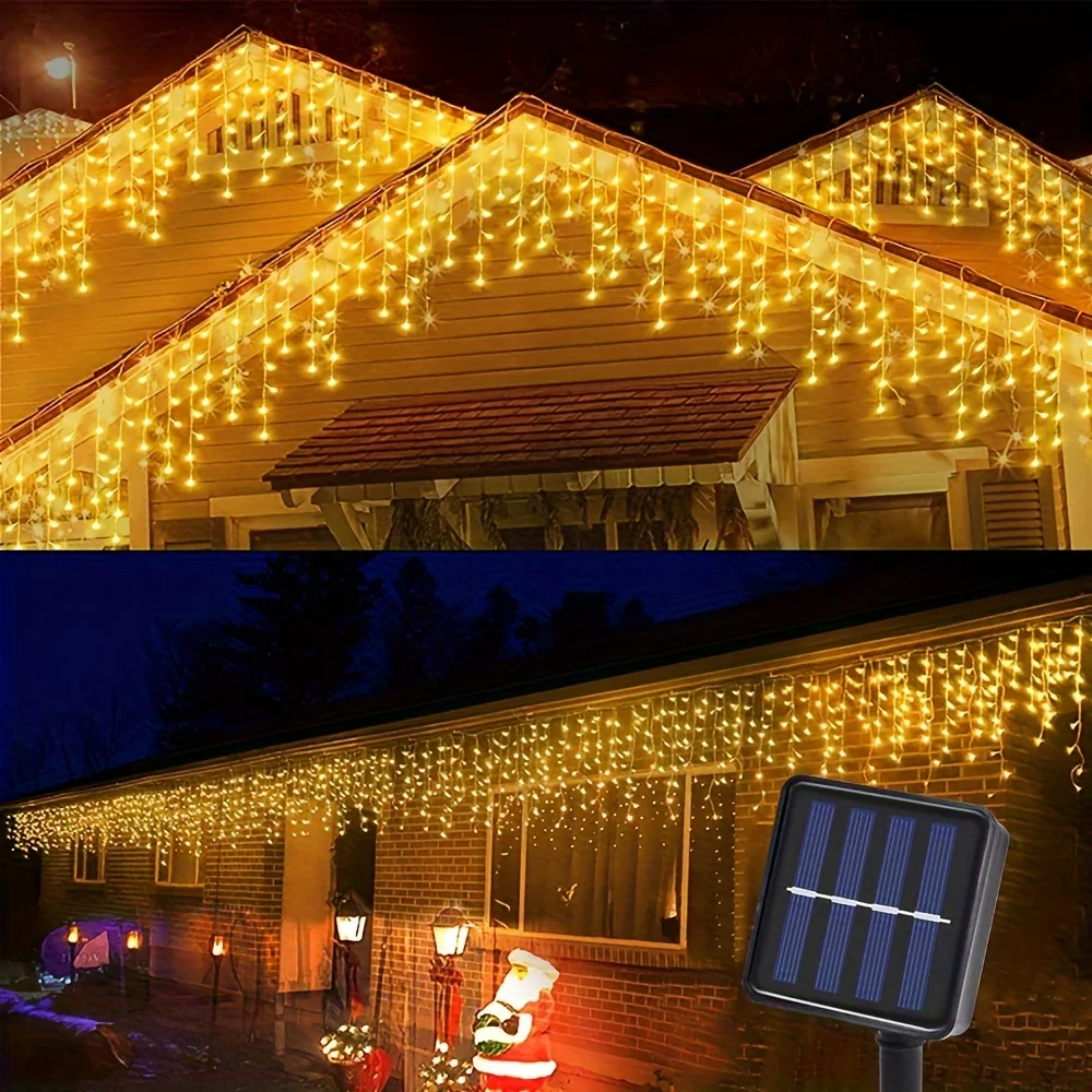 Solar Christmas Icicle Lights Outdoor 9M 162LEDs Waterproof Fairy Curtain String Light for Eaves Patio Garden Holiday Decoration