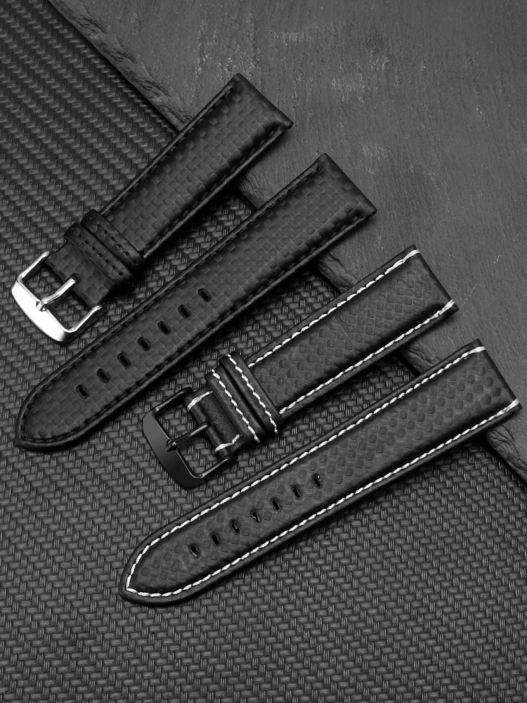 Genuine leather bracelet Carbon Fiber Pattern Watchband 20mm Black Red Orange stitching watchband 22mm Quick release watch strap