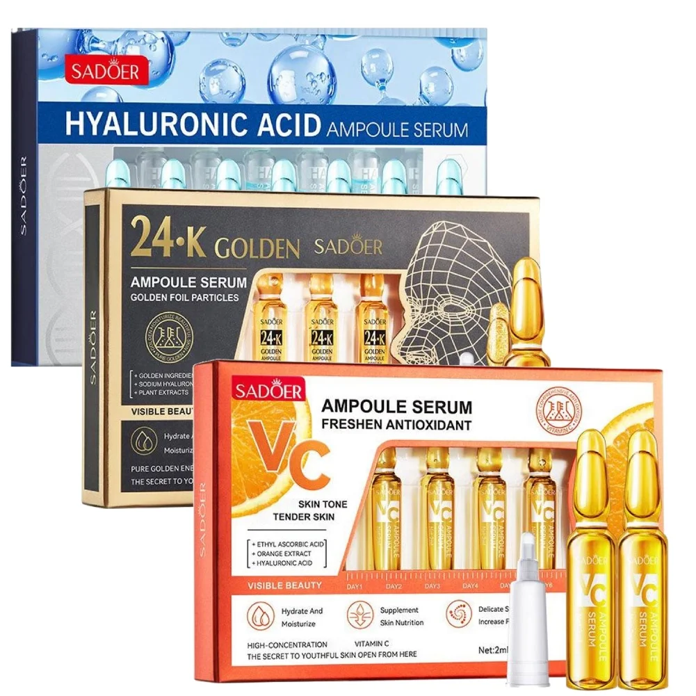 Kit de 7 Peças de Sérum Clareador Facial com Vitamina C SADOER, Ampola para Remoção de Manchas Escuras e Sardas, Minimizador de Poros com Ácido Hialur