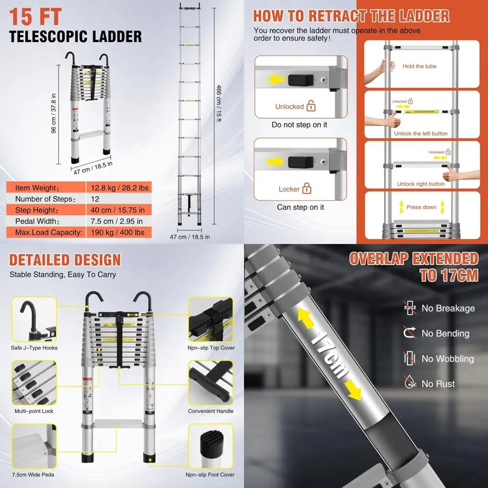 

15-Foot Aluminum Extension Ladder with Hooks, 400 lbs Capacity, Non-Slip Feet, Portable for Home, RV, and Roof Access