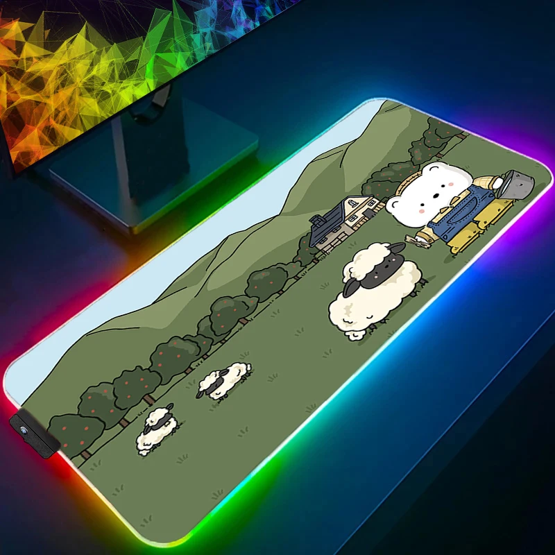 

Mouse Pad Carpet LED Laptop PC Kawaii Gamer Keyboard Pad RGB Cartoon Flower Mousepad Edge White Tassel Green Plants Desktop Mat