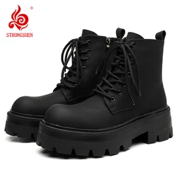 STRONGSHEN Men Ankle Boot High-top Platform Motorcycle Boots Winter Warm Boots Outdoor Fashion Non-slip Leather Casual Shoes