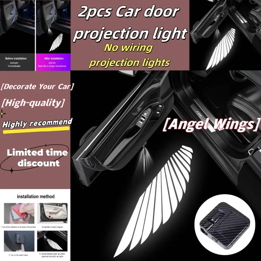 

2pcs Car Door Projection Light Angel Wings Door Welcome Lights Car Atmosphere Lights Decorative No Wiring Projection Lights