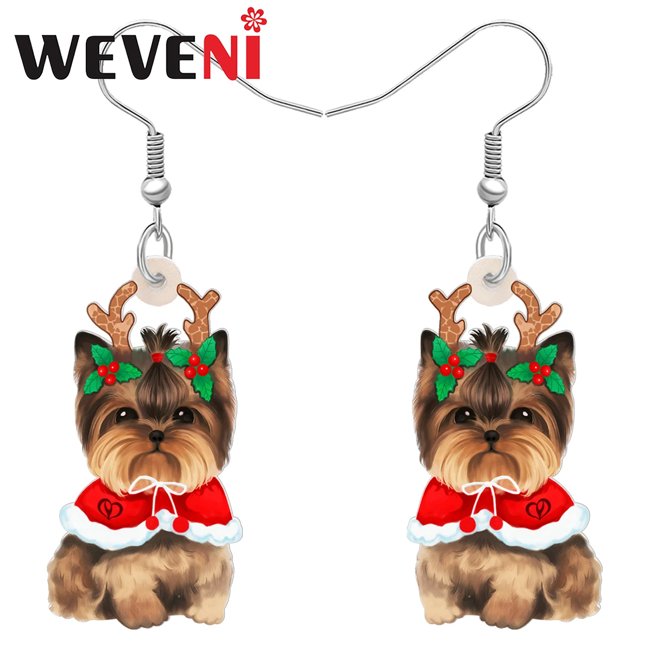 WEVENI Christmas Decor Acrylic Plush Yorkshire Terrier Dog Drop Dangle Earrings Cute Puppy Jewelry Charm Gifts for Women Girls