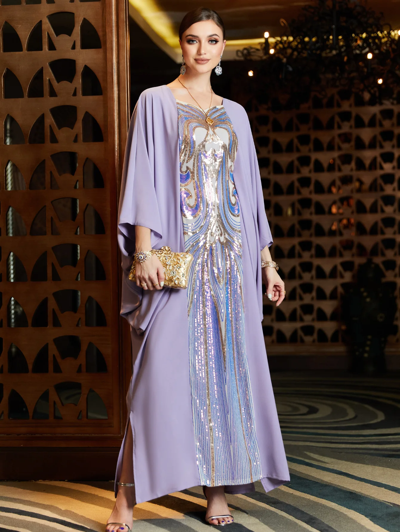 Ramadan Eid Mubarak Dubai Kaftan Abaya Turkey Muslim Women Evening Dress Batwing Sleeve Purple Sequin Embroidered Elegant