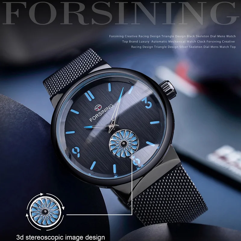 FORSINING Mechanical Watches for Men Hand Winding Minimalist Stainless Steel Mesh Band Waterproof Rotating Small Dial Mens Watch