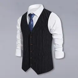 Fashion Men Suit Waistcoat V-Neck Sleeveless Striped Print Formal Vest Coat Single Breasted Pockets Business Suit Vest