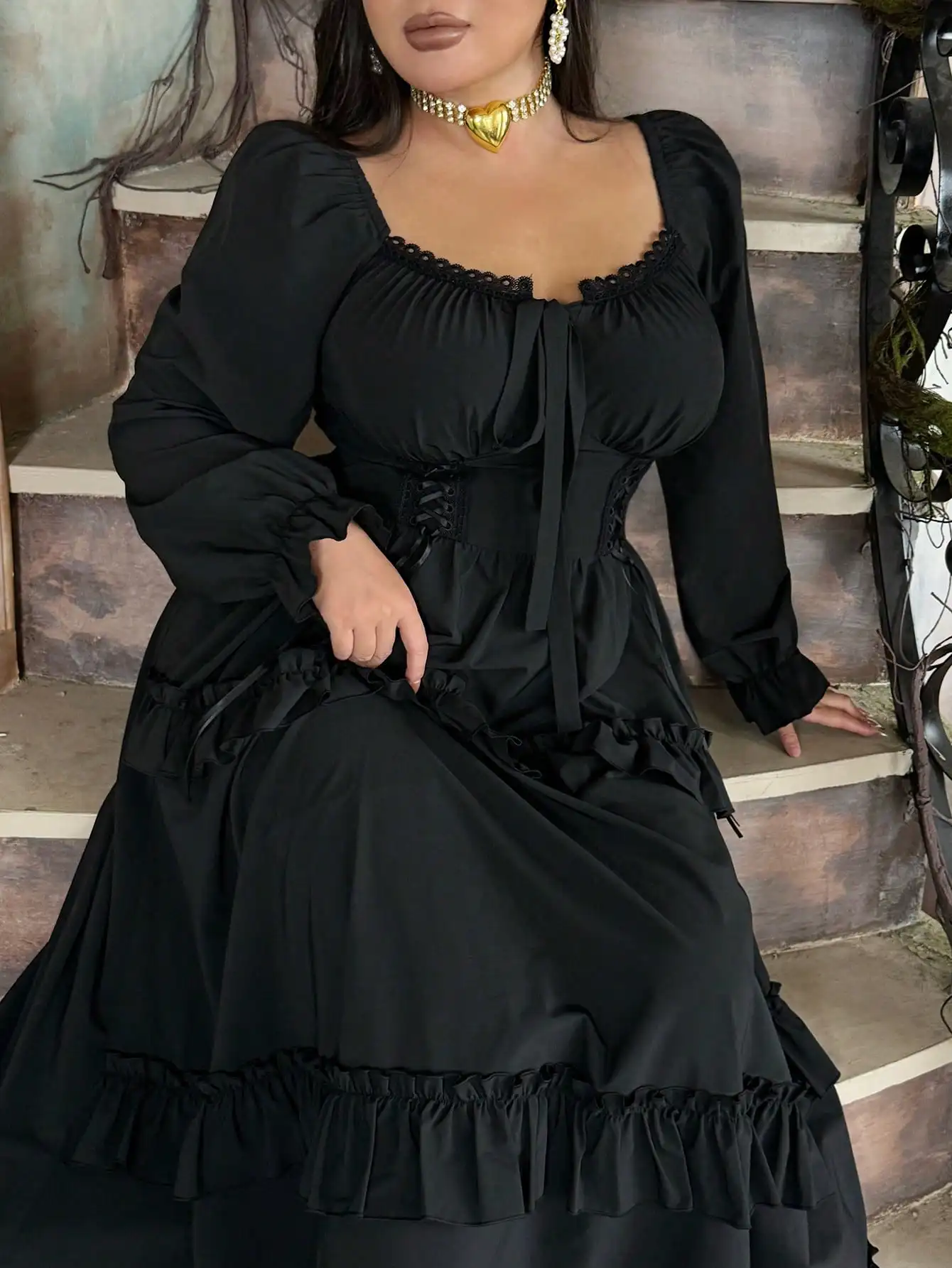 

Elegant Ruffle Hem A-Line Dress Vintage Medieval Punk Princess Plus Size