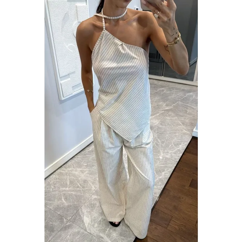 

2025 Autumn Striped Printed Slim Elegant Irregular 2 Piece Set Women Backless Halter Lace Up Tanks Casual Straight Leg Pants