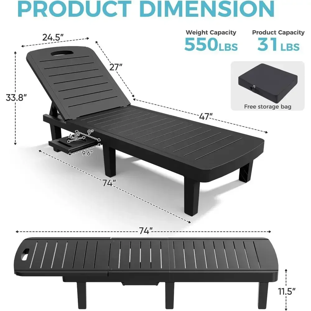 Adjustable 5-Position Sun Lounge with Pull-Out Tray, Waterproof PP Chairs for Outdoor, Poolside, Beach, and Yard Use in Black
