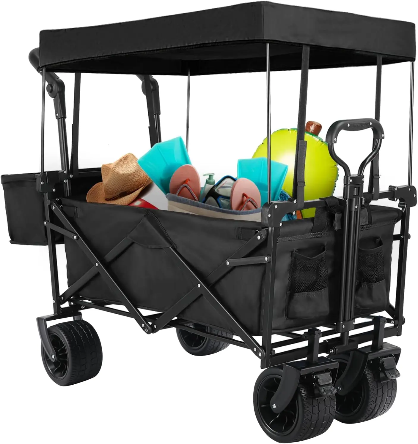 Garden Cart w/Rear Storage, Heavy Duty Outdoor Push&Pull Utility Camping Beach Stroller w/Big Wheel&Adjustable Handles, Black